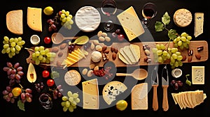Flat Lay Collage with various types of cheese, wine and grapes