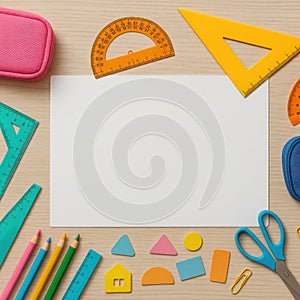 Flat lay of colorful geometry tools, rulers, scissors, and pencils arranged on a wooden background. Perfect for classroom content photo