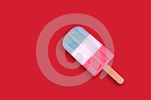Flat lay of colorful ice cream on the modern rustic on red background at home office desk wallpaper, top view colorful ice cream