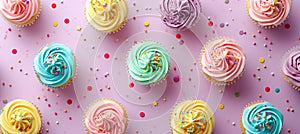 Flat lay of colorful pastel birthday cupcakes on a pastel background