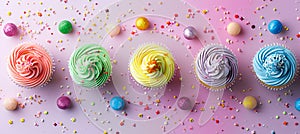 Flat lay of colorful pastel birthday cupcakes, pastel background