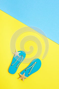Flat lay of composed miniature of beach lounge area with summer shoes - flip-flops and small sea stars