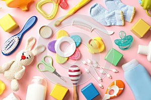 Flat lay composition with baby accessories