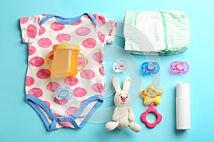Flat lay composition with baby accessories