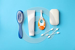 Flat lay composition with baby toothbrush
