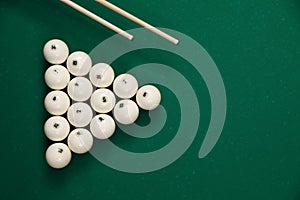 Flat lay composition with balls on billiard table