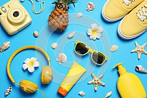 Flat lay composition with beach accessories