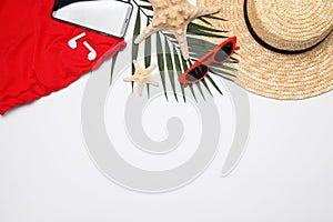 Flat lay composition with beach objects on background. Space for text