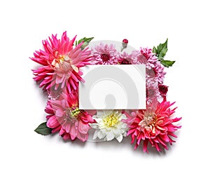 Flat lay composition with beautiful dahlia flowers