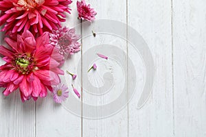 Flat lay composition with beautiful dahlia flowers