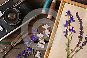 Flat lay composition with beautiful dried flowers, vintage camera and photo frame on wooden table