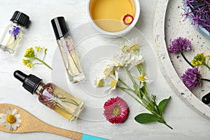 Flat lay composition with bottles of essential oils and ingredients