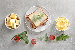 Flat lay composition with bread and butter