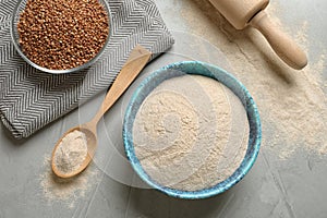 Flat lay composition with buckwheat flour