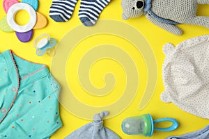 Flat lay composition with child`s clothes and accessories on background, space for text
