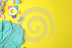 Flat lay composition with child`s clothes and accessories on background, space for text