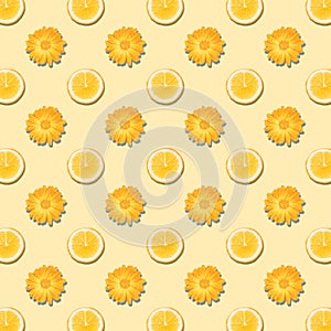 Flat lay composition with citrus fruits and flowers isolated on yellow background, seamless pattern.