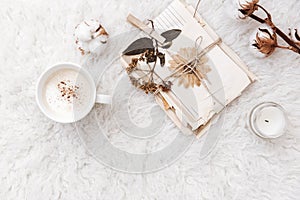 Flat lay composition with coffee, dry flowers,