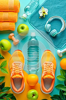 Flat lay composition with colorful fitness equipment, including shoes, water bottle, and fruits, neatly organized on a pastel