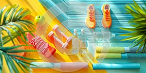 Flat lay composition with colorful fitness equipment, including shoes, water bottle, and fruits, neatly organized on a pastel