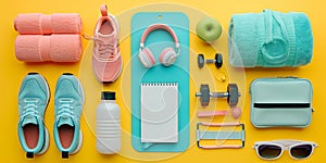 Flat lay composition with colorful fitness equipment, including shoes, water bottle, and fruits, neatly organized on a pastel