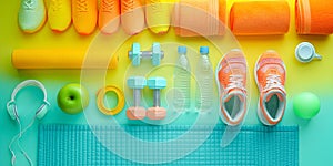 Flat lay composition with colorful fitness equipment, including shoes, water bottle, and fruits, neatly organized on a pastel