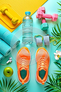 Flat lay composition with colorful fitness equipment, including shoes, water bottle, and fruits, neatly organized on a pastel