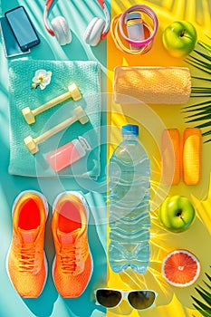 Flat lay composition with colorful fitness equipment, including shoes, water bottle, and fruits, neatly organized on a pastel