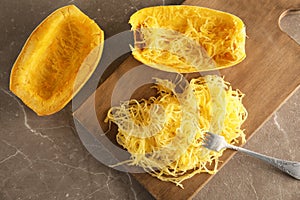 Flat lay composition with cooked spaghetti squash