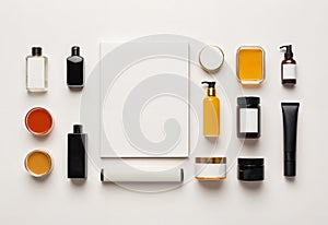 Flat lay composition with cosmetic products and blank notebook on white background. Ideal for cosmetic products themes