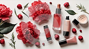 Flat lay composition with cosmetic products for makeup and red peonies on a white background