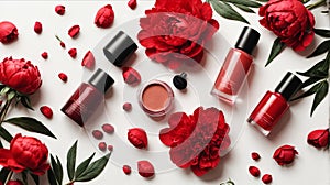 Flat lay composition with cosmetic products for makeup and red peonies on a white background