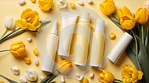 Flat lay composition with cosmetic products, mockup white tubes and yellow tulips on a yellow background