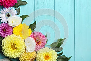 Flat lay composition with dahlia flowers on blue wooden background. Space for text