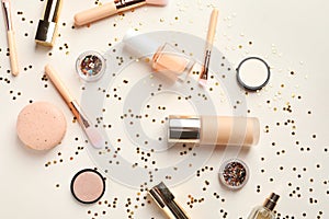 Flat lay composition with decorative cosmetics