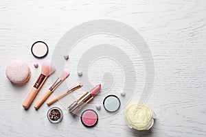 Flat lay composition with decorative cosmetics
