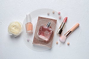 Flat lay composition with decorative cosmetics