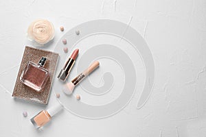 Flat lay composition with decorative cosmetics