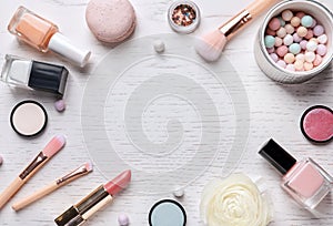 Flat lay composition with decorative cosmetics