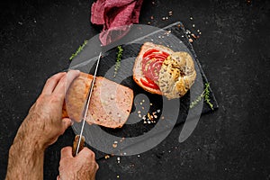 Flat lay composition of delicious hot dogs and sandwiches with different toppings on the dark background