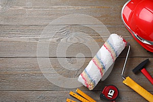 Flat lay composition with different construction tools on background. Space for text