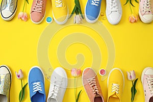 Flat lay composition with different sneakers and accessories on color background. Trendy spring look