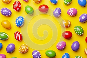 Flat lay composition with Easter eggs on color background. Frame made of decorated eggs. Top view with place for text