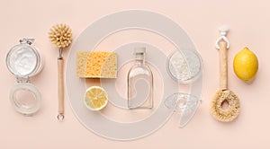 Flat lay composition with eco-friendly natural cleaners