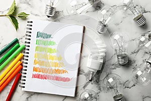 Flat lay composition with energy efficiency rating chart, colorful markers and light bulbs on marble background