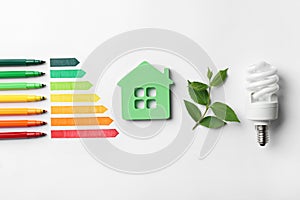 Flat lay composition with energy efficiency rating chart, fluorescent light bulb and house figure