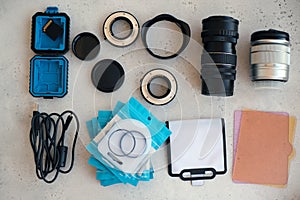 Flat lay composition with equipment for professional photographer