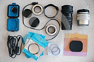 Flat lay composition with equipment for professional photographer