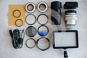 Flat lay composition with equipment for professional photographer