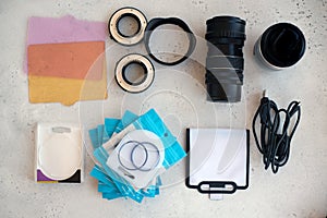 Flat lay composition with equipment for professional photographer